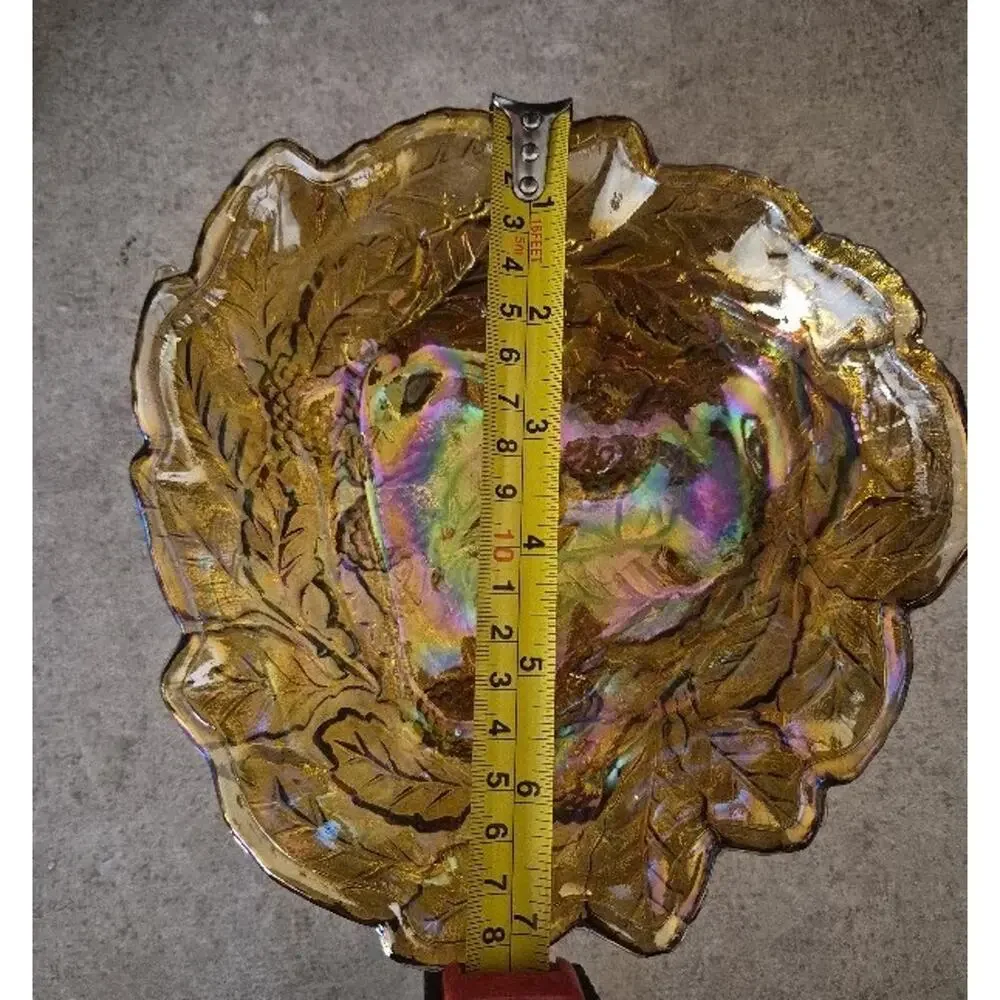 Vintage Iridescent Amber Carnival Glass Grape & Leaf Ruffled Bowl 7.75